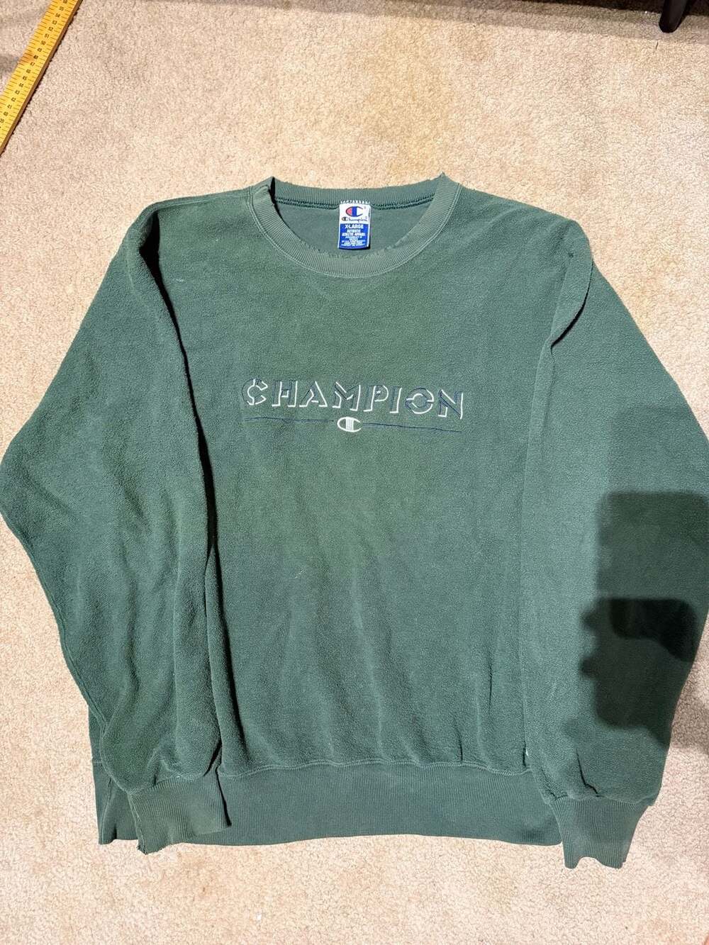 Vintage Champion Spellout Logo Inside-Out Fleece Crewneck Green X-Large